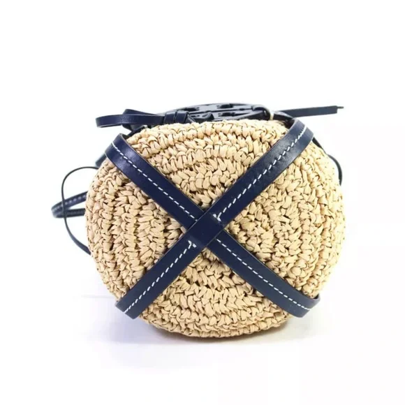 Tory Burch Leather Trim Basket Weave Drawstring Bucket Bag Blue - Picture 6 of 12